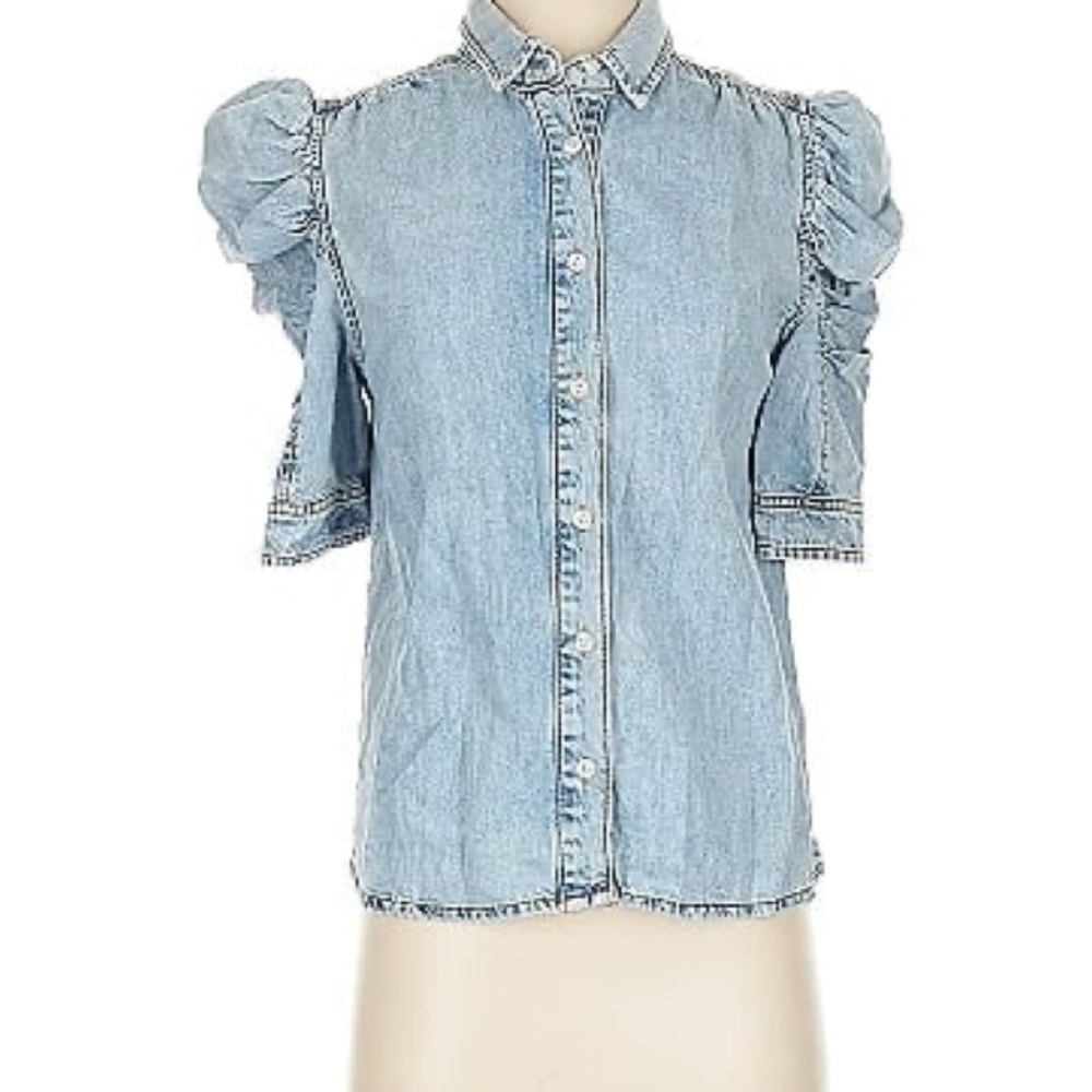 FRAME Gillian Denim Puff Sleeve Button-Up Top